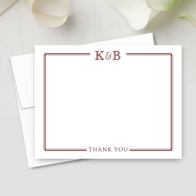 Couple's Initials Newlyweds Dark Red Thank You Card (Creator Uploaded)