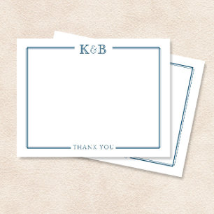 Couple's Initials Newlyweds Navy Blue Thank You Card