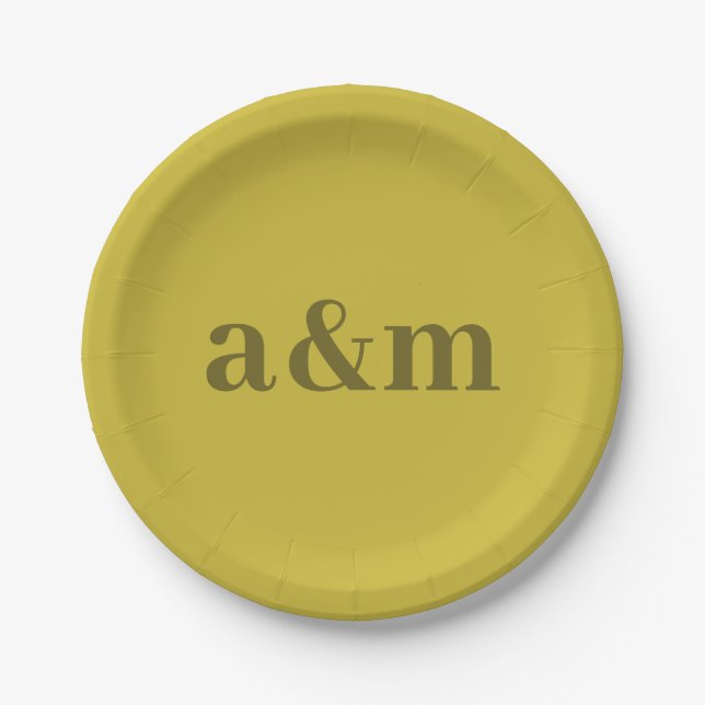 Couple's Initials Olive & Mustard Green Minimalist Paper Plate (Front)