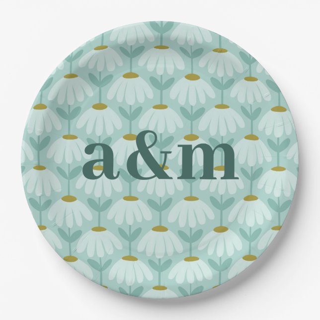 Couple's Initials Teal Blue & Olive Floral Paper Plate (Front)