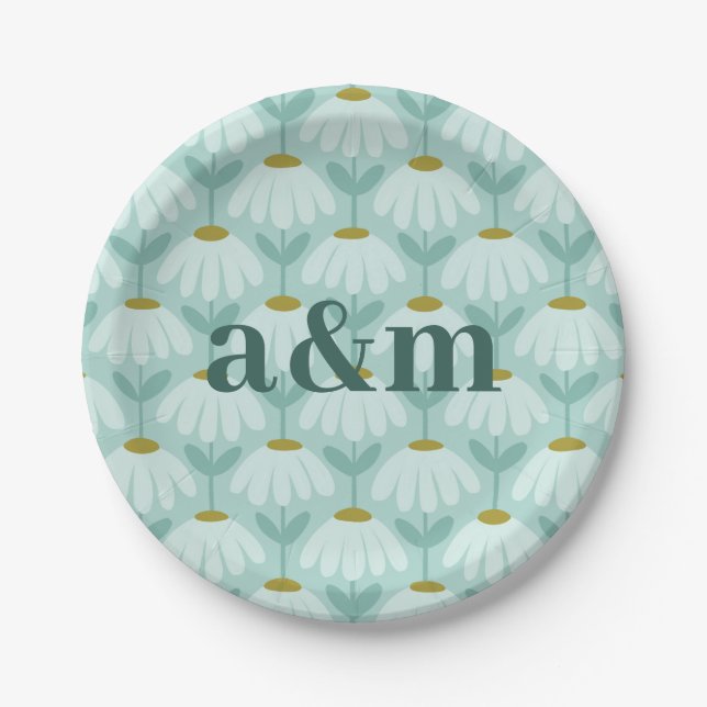 Couple's Initials Teal Blue & Olive Floral Paper Plate (Front)