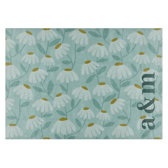 Couple's Initials Teal Blue & Olive Floral Pattern Cutting Board (Front)