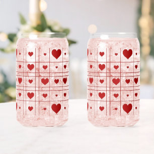 Couples Love Hearts Grid Pattern Valentines Themed Can Glass