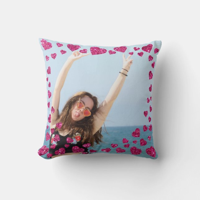 Couples Love Photo Pink Glitter Heart Modern Cute Cushion (Front)