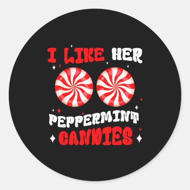 Couples Matching Christmas I Like Her Peppermint C Classic Round Sticker (Front)