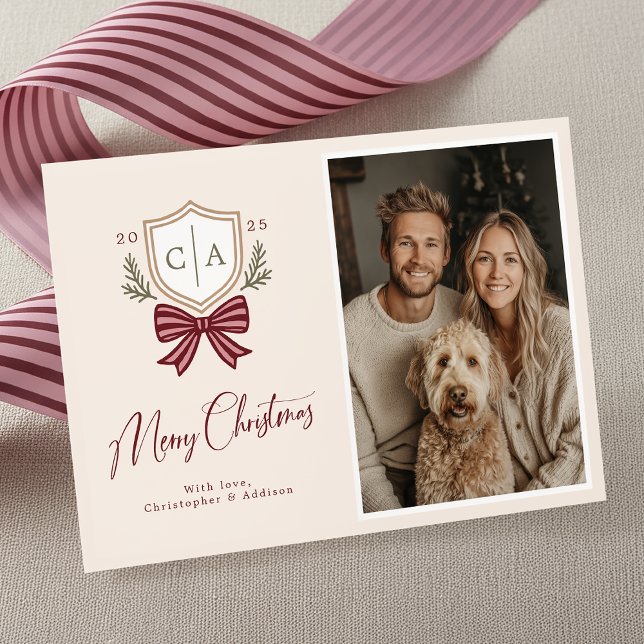 Couples Monogram Initials Bow Photo Christmas Card (Creator Uploaded)
