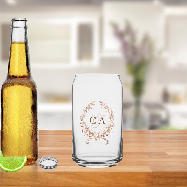 Couples monogram initials wreath rose gold can glass (Creator Uploaded)