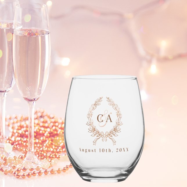 Couples monogram initials wreath rose gold stemless wine glass (Creator Uploaded)