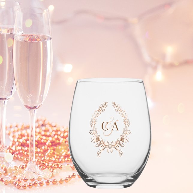Couples monogram initials wreath rose gold stemless wine glass (Creator Uploaded)