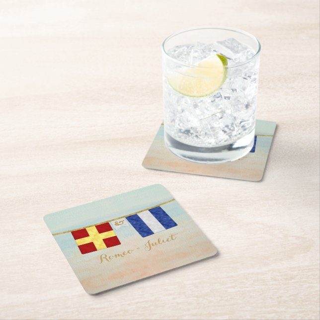Couples Monogram Maritime Signal Flags Watercolor Square Paper Coaster (Insitu)
