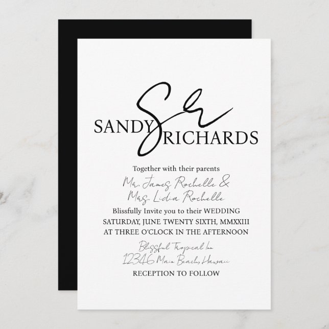 Couples Monogrammed Black White Script Wedding  Invitation (Front/Back)