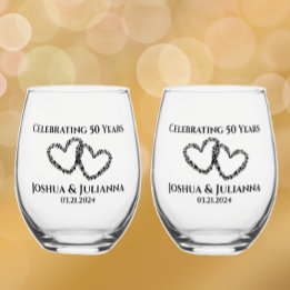 Couples Name 50th Anniversary Gift Original Heart Stemless Wine Glass