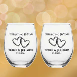 Couples Name 50th Anniversary Gift Original Heart Stemless Wine Glass