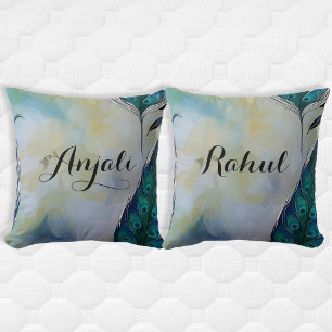 Couples Name Peacock Feather Cushion
