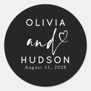 Couple's Names and Heart Modern Black Wedding Classic Round Sticker