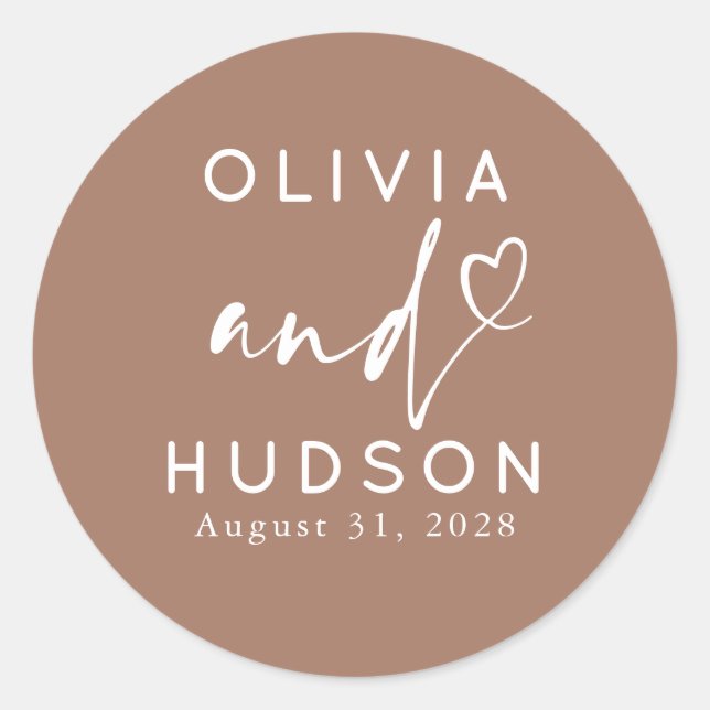 Couple's Names and Heart Modern Brown Wedding Classic Round Sticker (Front)