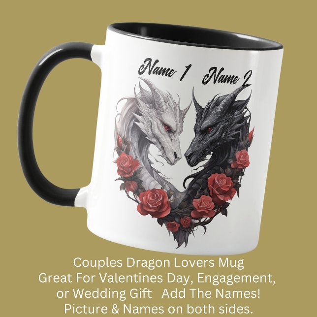 Couples Names Black & White Dragons, Red Flowers Mug (Creator Uploaded)