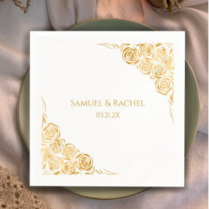 Couple's Names Date Hand Drawn Gold Roses Wedding Napkin