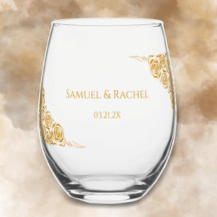 Couple's Names Date Hand Drawn Gold Roses Wedding Stemless Wine Glass