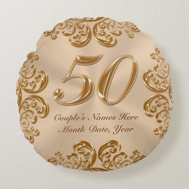 Couple's NAMES, DATE Round 50th Anniversary Pillow (Front)