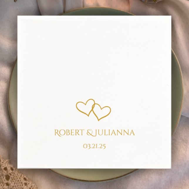 Couple's Names Date Simple Stylish Hearts Wedding Napkin (Add couples names. simple elegant golden hearts. Stylish modern personalized wedding napkins.
)