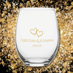 Couple's Names Date Simple Stylish Hearts Wedding Stemless Wine Glass