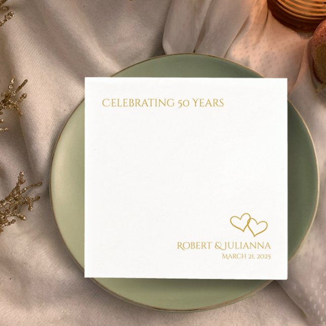 Couple's names gold hearts 50th Anniversary Party Napkin (Personalized couple's names and date, simple elegant golden hearts, 50th wedding anniversary napkin.)