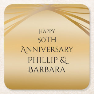 Couple's Names Golden 50th Anniversary Elegant Square Paper Coaster