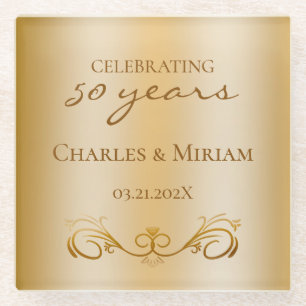 Couples Names Golden 50th Wedding Anniversary Gift Glass Coaster