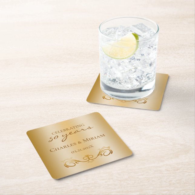 Couples Names Golden 50th Wedding Anniversary Gift Square Paper Coaster (Insitu)