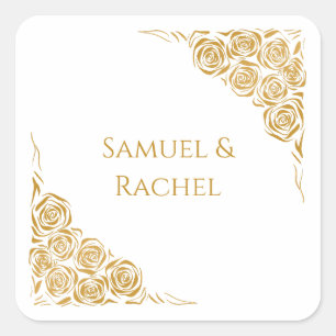 Couple's Names Hand Drawn Golden Roses Wedding Square Sticker