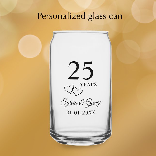 Couple's Names Heart 25th Wedding Anniversary Gift Can Glass (Add couples names and anniversary date for an elegant keepsake glass.
)