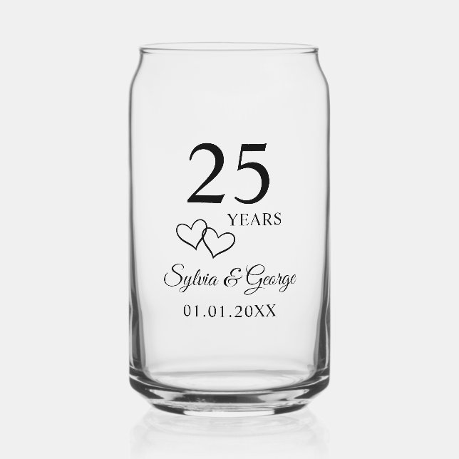 Couple's Names Heart 25th Wedding Anniversary Gift Can Glass (Front)