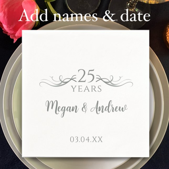 Couple's Names Modern 25th Wedding Anniversary Napkin (Add couple’s names and wedding anniversary date for elegant 25th wedding anniversary party napkins)