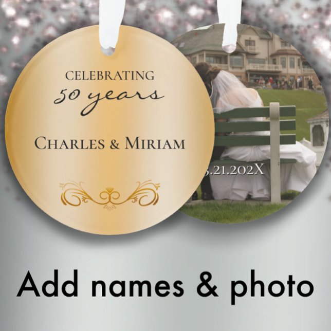 Couple's Names Photo 50th Wedding Anniversary Gift Ornament (Add couple’s names and photo for a beautiful Christmas ornament wedding anniversary keepsake gift.
)