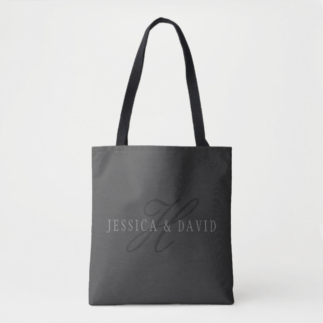 Couples Names & Surname Monogram Dark Grey Tote Bag (Front)