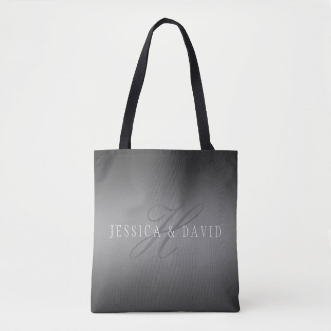 Couples Names & Surname Monogram Gradient Grey Tote Bag (Front)