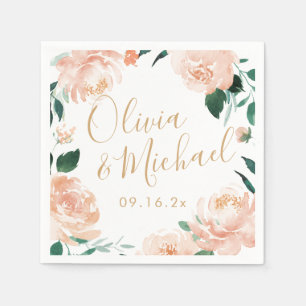 Couples names watercolor peach floral wedding napkin