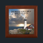 Couple's Names Wedding Date Lighthouse Sunset Gift Box<br><div class="desc">This beautiful Portland Head Lighthouse,  Maine gift box,  personalised for the newlywed couple,  has their names and wedding date on the front. Choose your size and colour.</div>