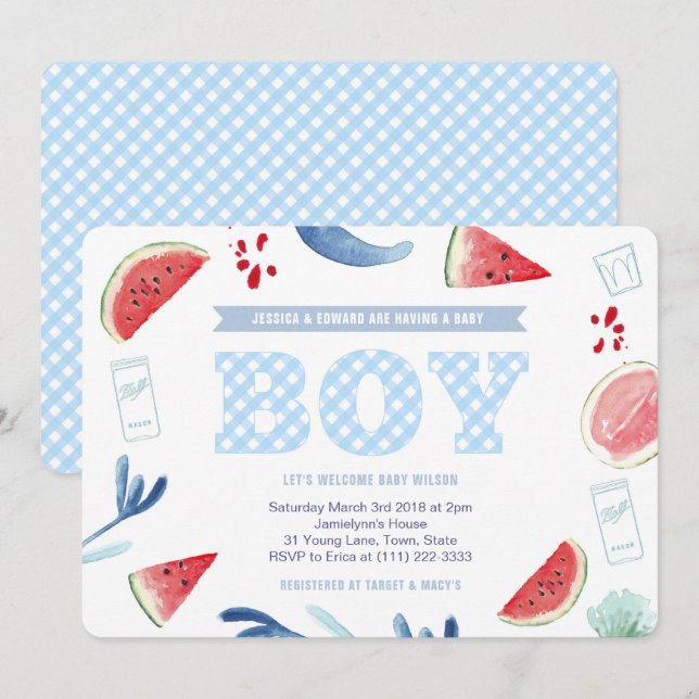 Couples Outdoors Gingham Baby Shower for Boy Invitation (Front/Back)