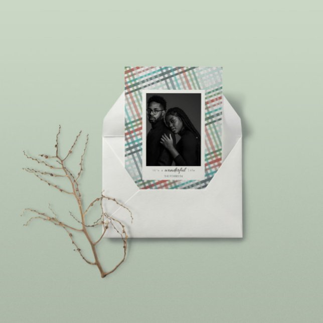 Couple's photo on blue pastel plaid print holiday card (Creator Uploaded)