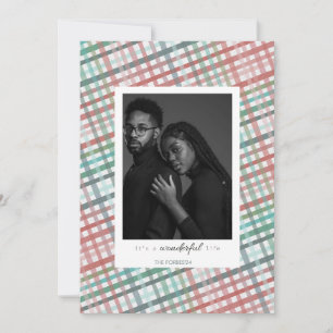 Couple's photo on pastel plaid print holiday card