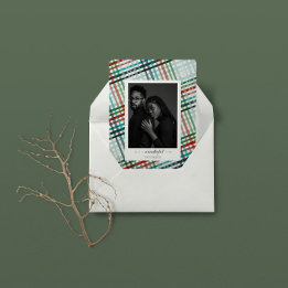 Couple's photo on plaid print holiday card