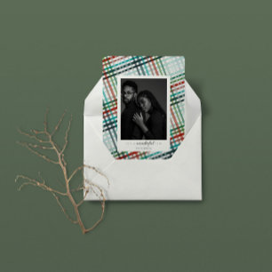 Couple's photo on plaid print holiday card