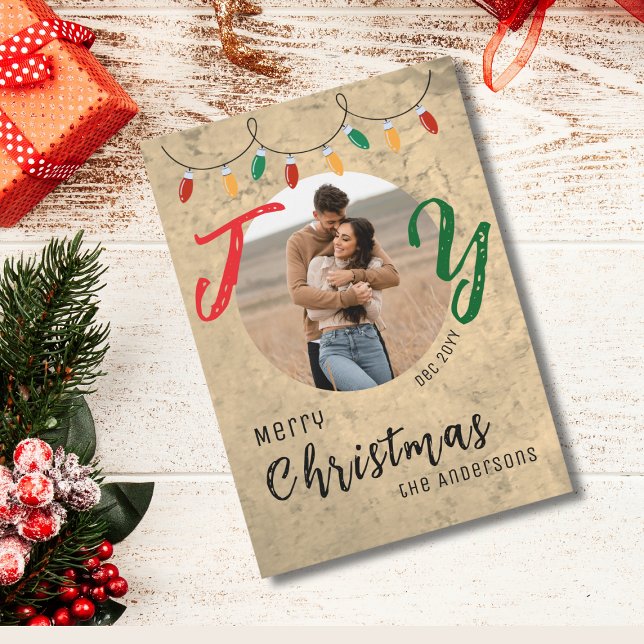 Couples Photo Rustic Joy Merry Christmas Flat Card (Creator Uploaded)
