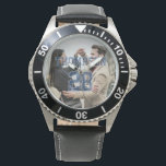 Couple's Photo with Transparent Jersey Name Number Watch<br><div class="desc">Celebrate a birthday, wedding, anniversary, or other special day with this custom sports jersey inspired stainless steel watch. The name and number sits centered in outline text on a solid background (the blue and white can be changed to the colors of your choice). This watch is ideal for sports fans....</div>