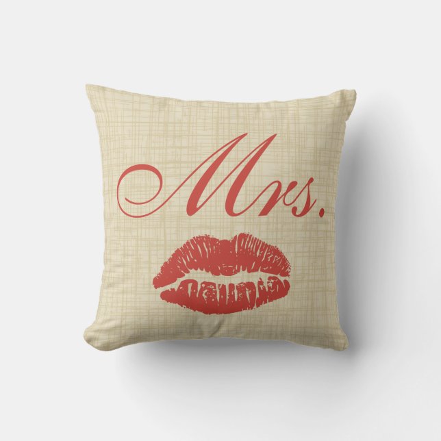Couples' Pillow, Mrs w Red Lips on Cream Parchment Cushion (Front)