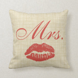 Couples' Pillow, Mrs w Red Lips on Cream Parchment Cushion