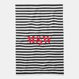 Couple's red initials monogram black white stripes tea towel