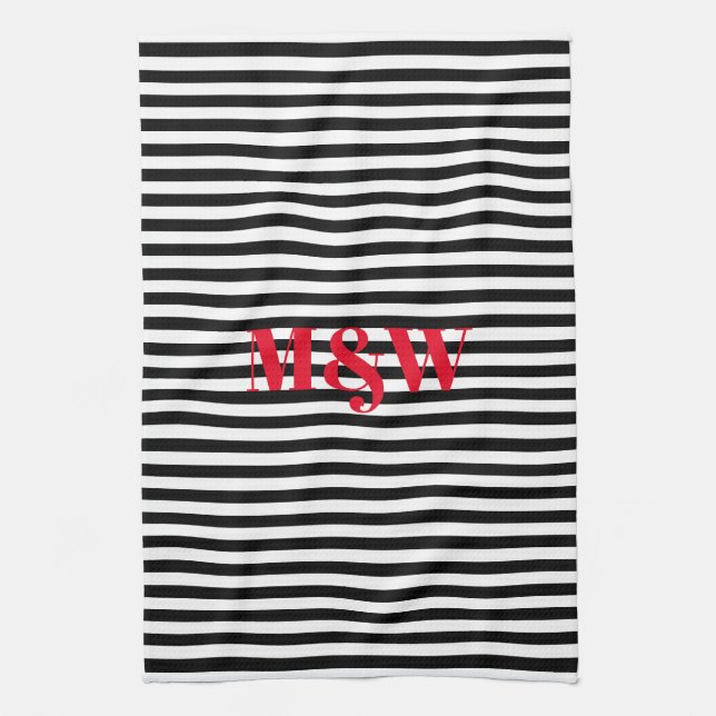 Couple's red initials monogram black white stripes tea towel (Vertical)